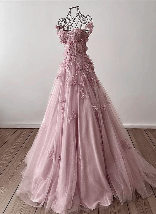 Off Shoulder Tulle Floral Party Dress A Line Prom Dress J4394