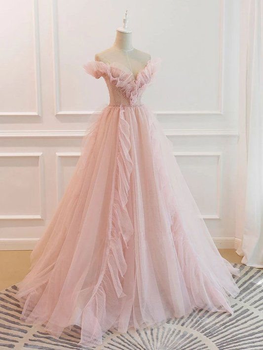 Elegant Off the Shoulder Pink Tulle Long Prom Dresses  J4398