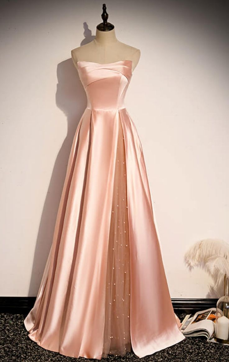 Strapless Pink Satin A Line Long Prom Dress J4403