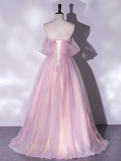 Robe de bal longue rose scintillante à épaules dénudées et coupe trapèze J4405