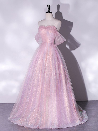 Robe de bal longue rose scintillante à épaules dénudées et coupe trapèze J4405