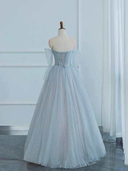 Robe de bal longue bleue scintillante à épaules dénudées et coupe trapèze J4406
