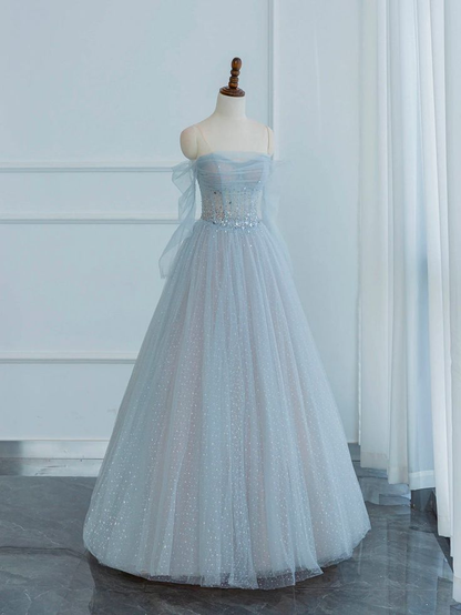 Robe de bal longue bleue scintillante à épaules dénudées et coupe trapèze J4406