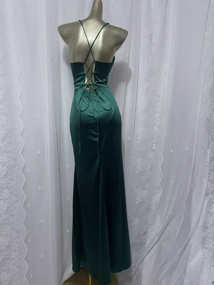 Vintage Sheath Spaghetti Straps Dark Green Prom Dress Satin Birthday Dresses J4411