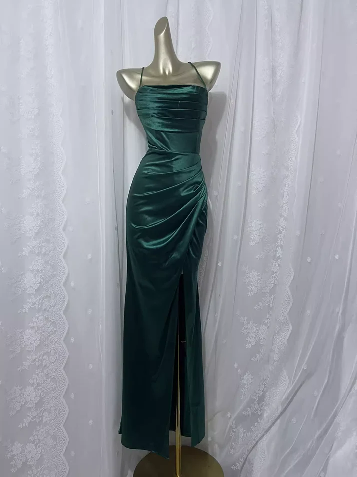 Vintage Sheath Spaghetti Straps Dark Green Prom Dress Satin Birthday Dresses J4411