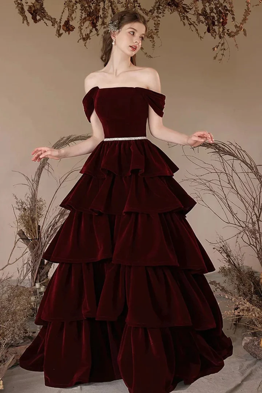 Burgundy Layered Velvet Prom Dress Off Shoulder A Line Party Dress J4413