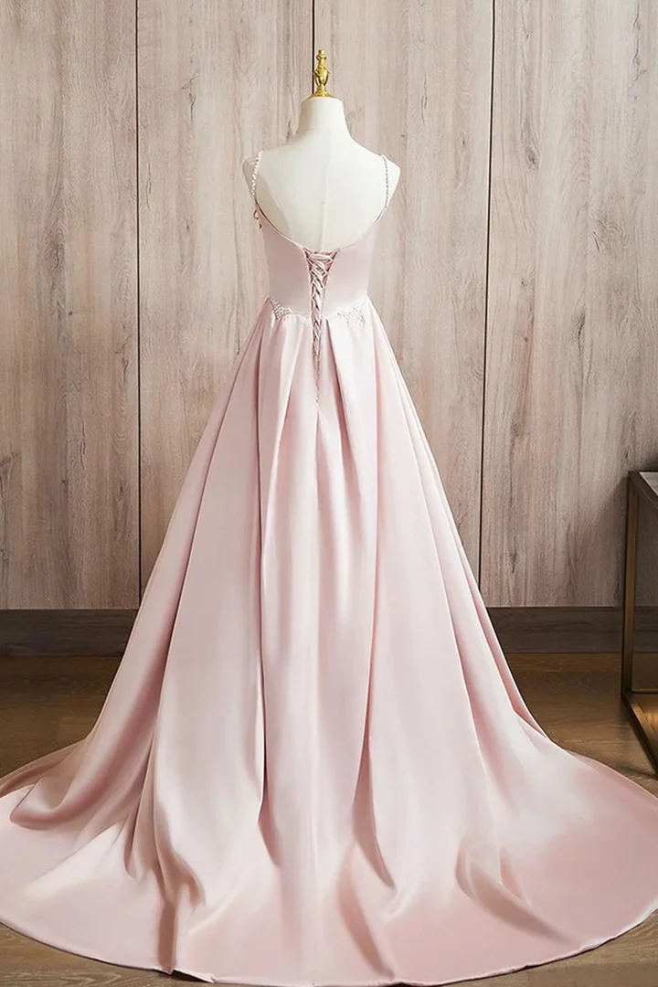 A Line Satin Long Pink Prom Dress Spaghetti Straps Evening Dress J4414