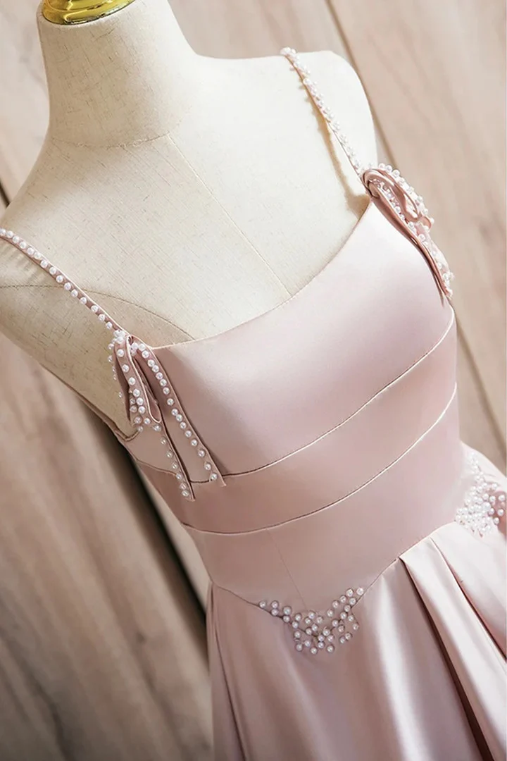 A Line Satin Long Pink Prom Dress Spaghetti Straps Evening Dress J4414