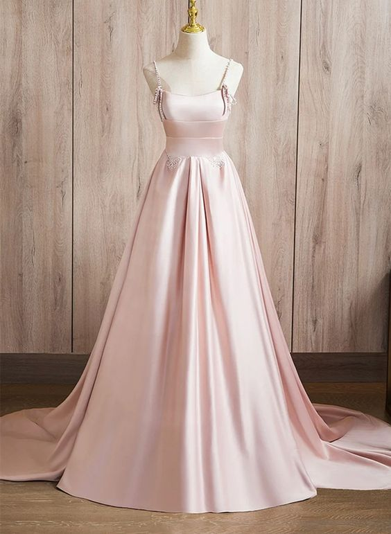 A Line Satin Long Pink Prom Dress Spaghetti Straps Evening Dress J4414