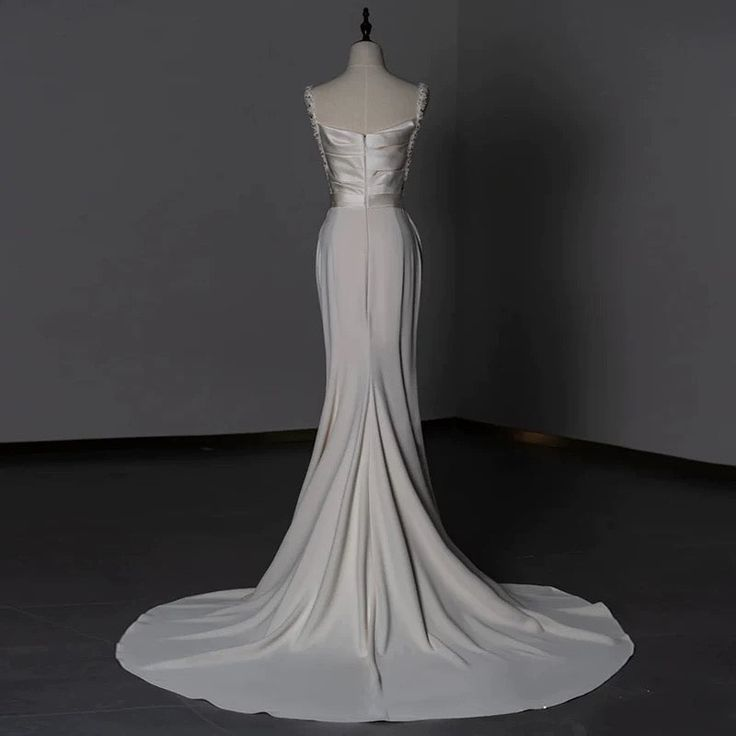 Sheath Long Satin White Wedding Dresses With Beads J4416