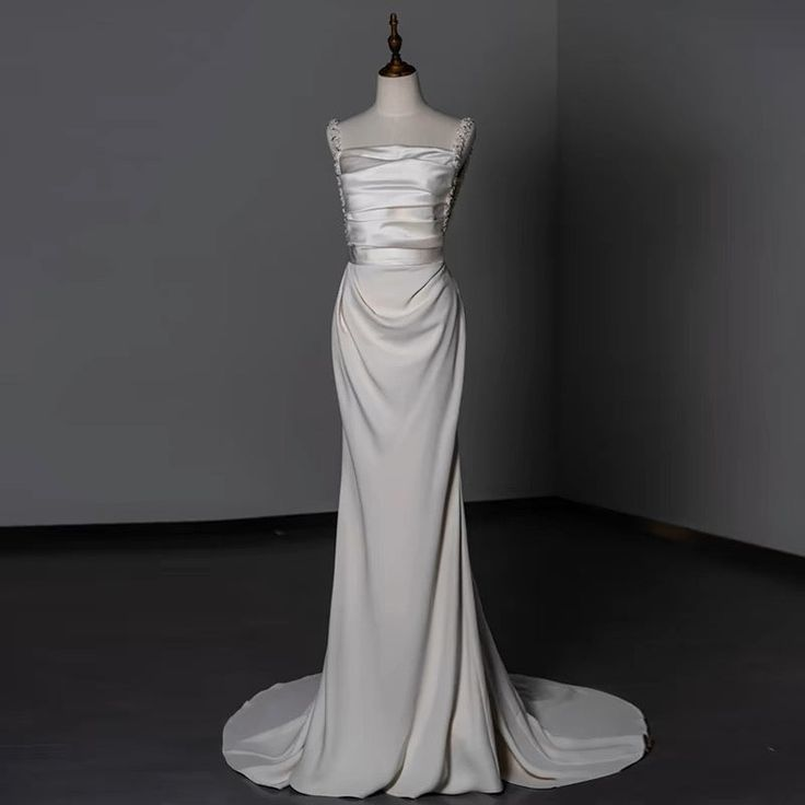 Sheath Long Satin White Wedding Dresses With Beads J4416