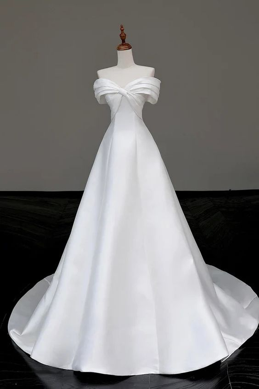 White Satin Long Prom Dress Off The Shoulder A Line Wedding Dress J4417