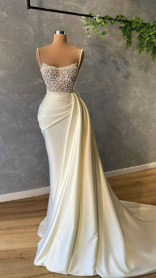 Spaghetti Straps Ivory Prom Dress Pearl Wedding Dress Formal Evening Gown J4420