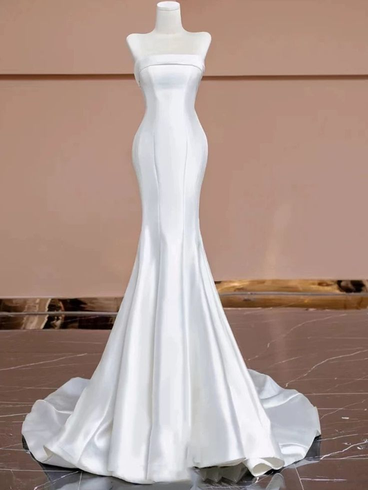 Mermaid Strapless Satin Long White Wedding Dresses  J4421