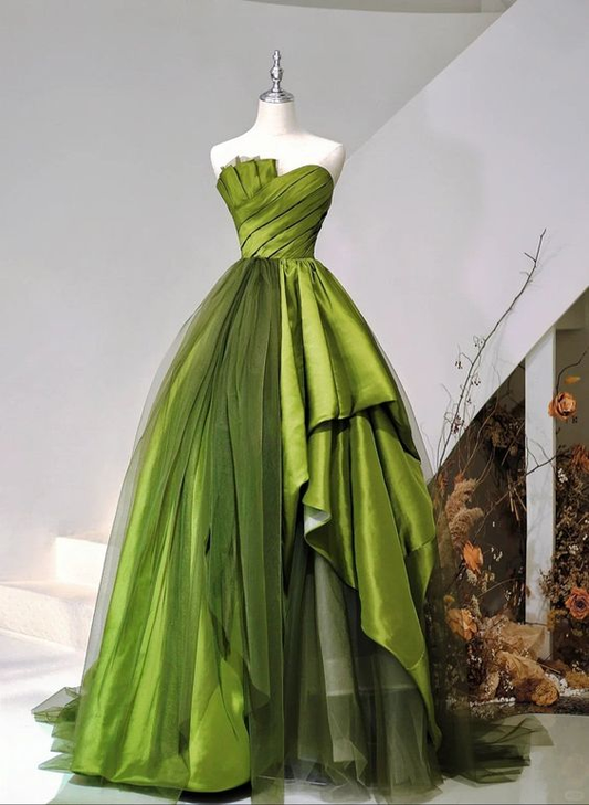 Green Satin Tulle Long Party Dress A Line Long Prom Dress  J4422