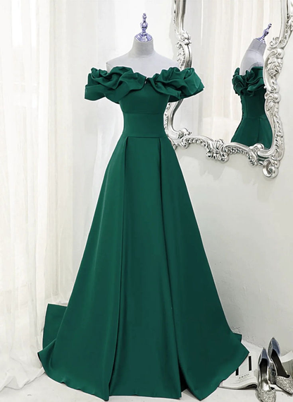 Robe de soirée verte à épaules dénudées et coupe trapèze J4423