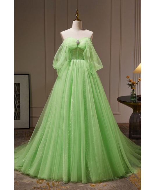 Off The Shoulder Long Green Tulle Prom Dress A Line Princess Gown  J4424