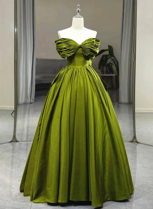 Green A line Off Shoulder Satin Long Party Dress  J4425