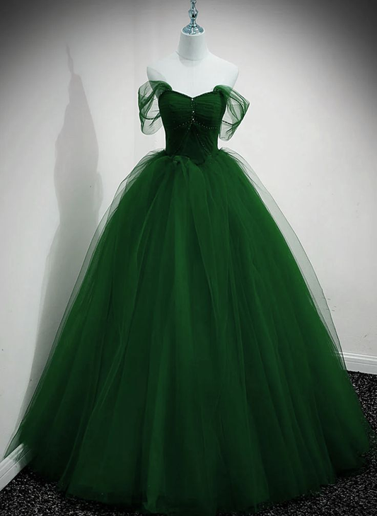 A Line Green Long Prom Dress Tulle Evening Dress  J4426