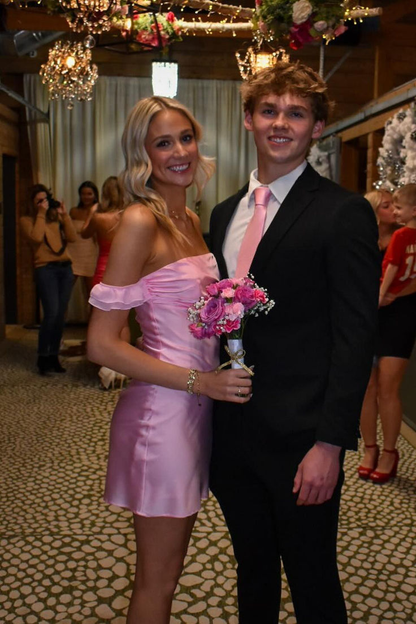 Schulterfreies, kurzes, rosa Heimkehrkleid, kurzes Abendkleid J4431