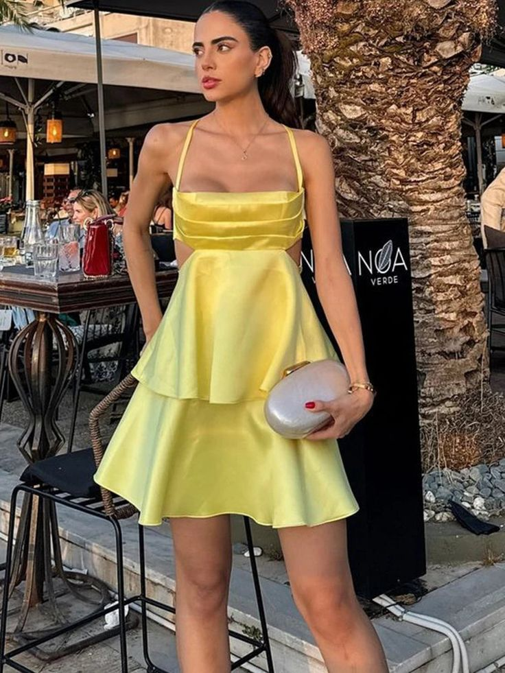 Yellow Satin A Line Homecoming Dress Short Party Dress J4435