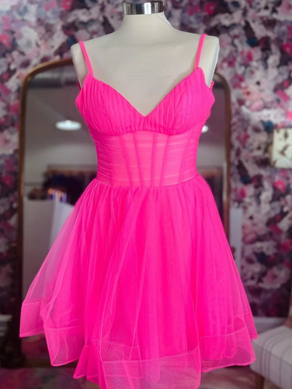 Robe de bal courte rose vif à col en V, robe de soirée formelle J4437