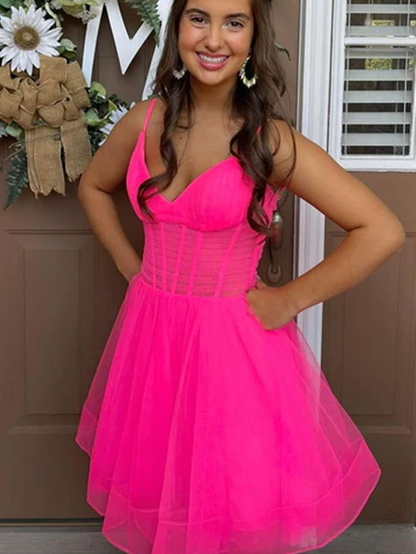Robe de bal courte rose vif à col en V, robe de soirée formelle J4437