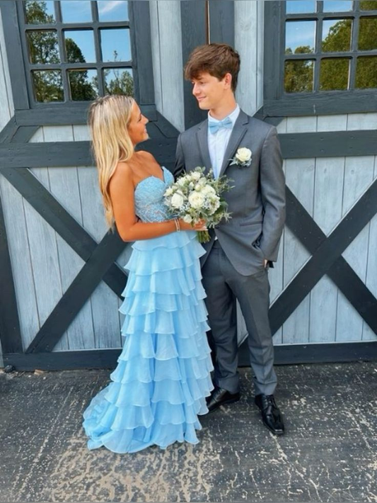 Strapless Blue A Line Long Prom Dress Layered Evening Gown J4451