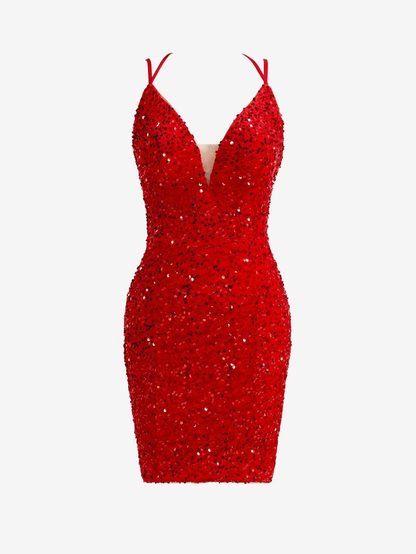 Robe de bal courte rouge à paillettes et col en V, robe de soirée scintillante J4460