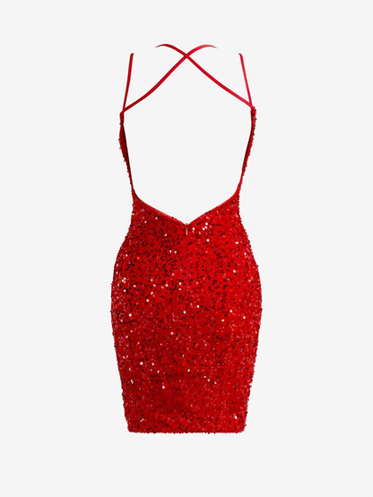Robe de bal courte rouge à paillettes et col en V, robe de soirée scintillante J4460