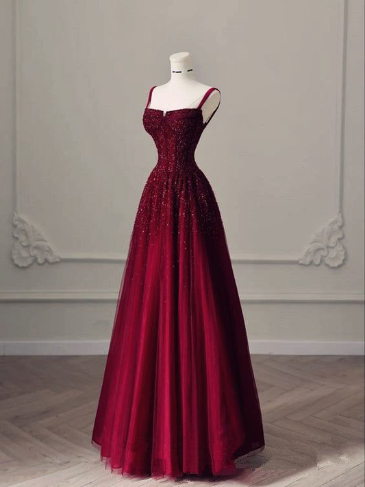 Burgundy A Line Long Prom Dresses Tulle Evening Dresses J4465