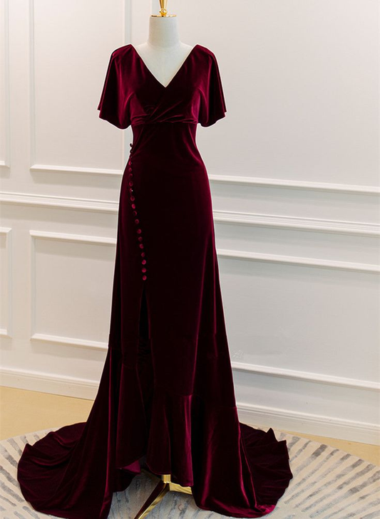 Wine Red Velvet Long Party Dress Formal Evening Prom Dress J4466