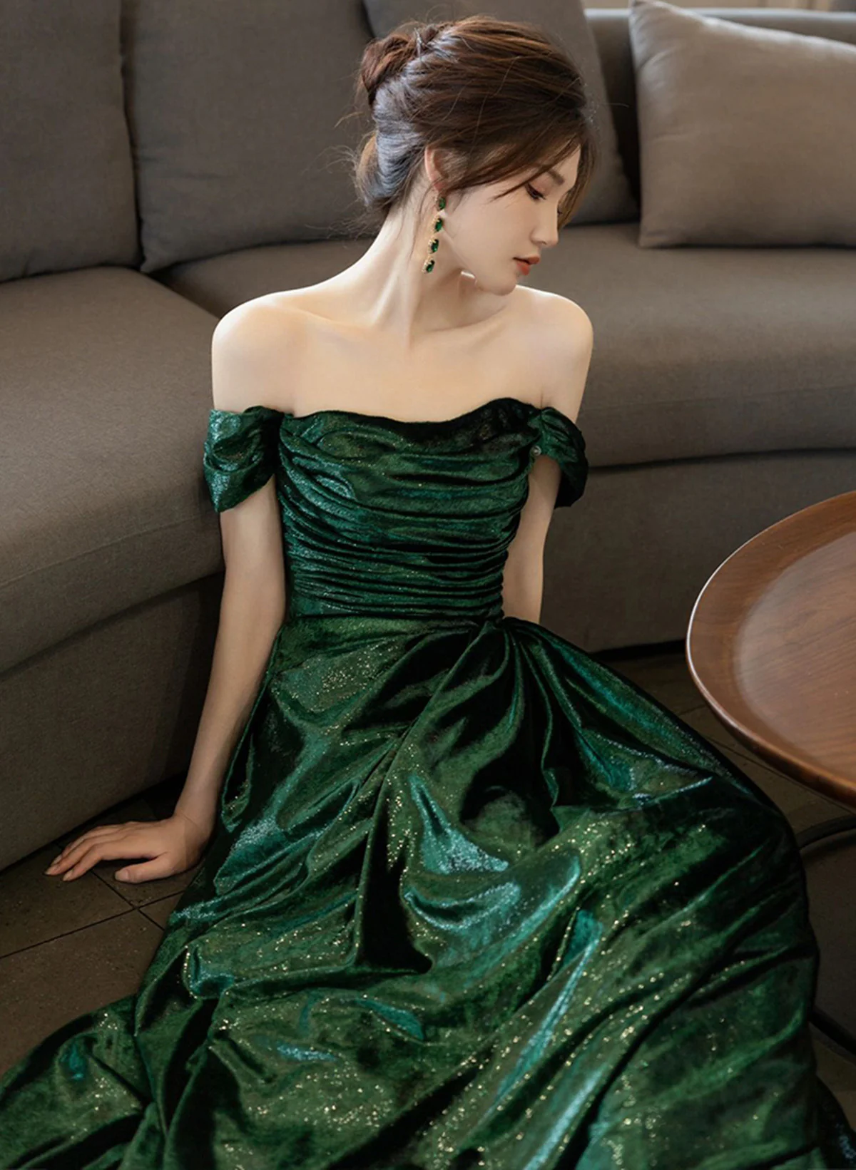 A Line Green Off Shoulder Evening Dress Long Prom Dress J4469