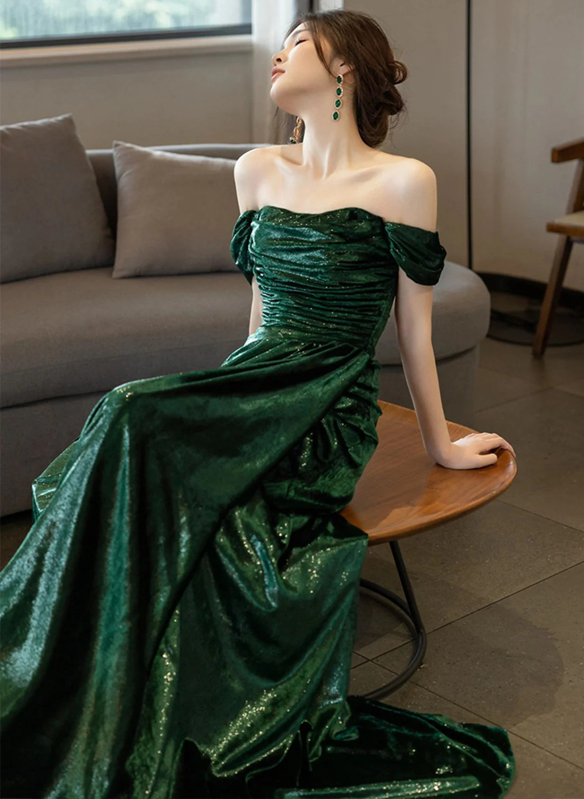 A Line Green Off Shoulder Evening Dress Long Prom Dress J4469