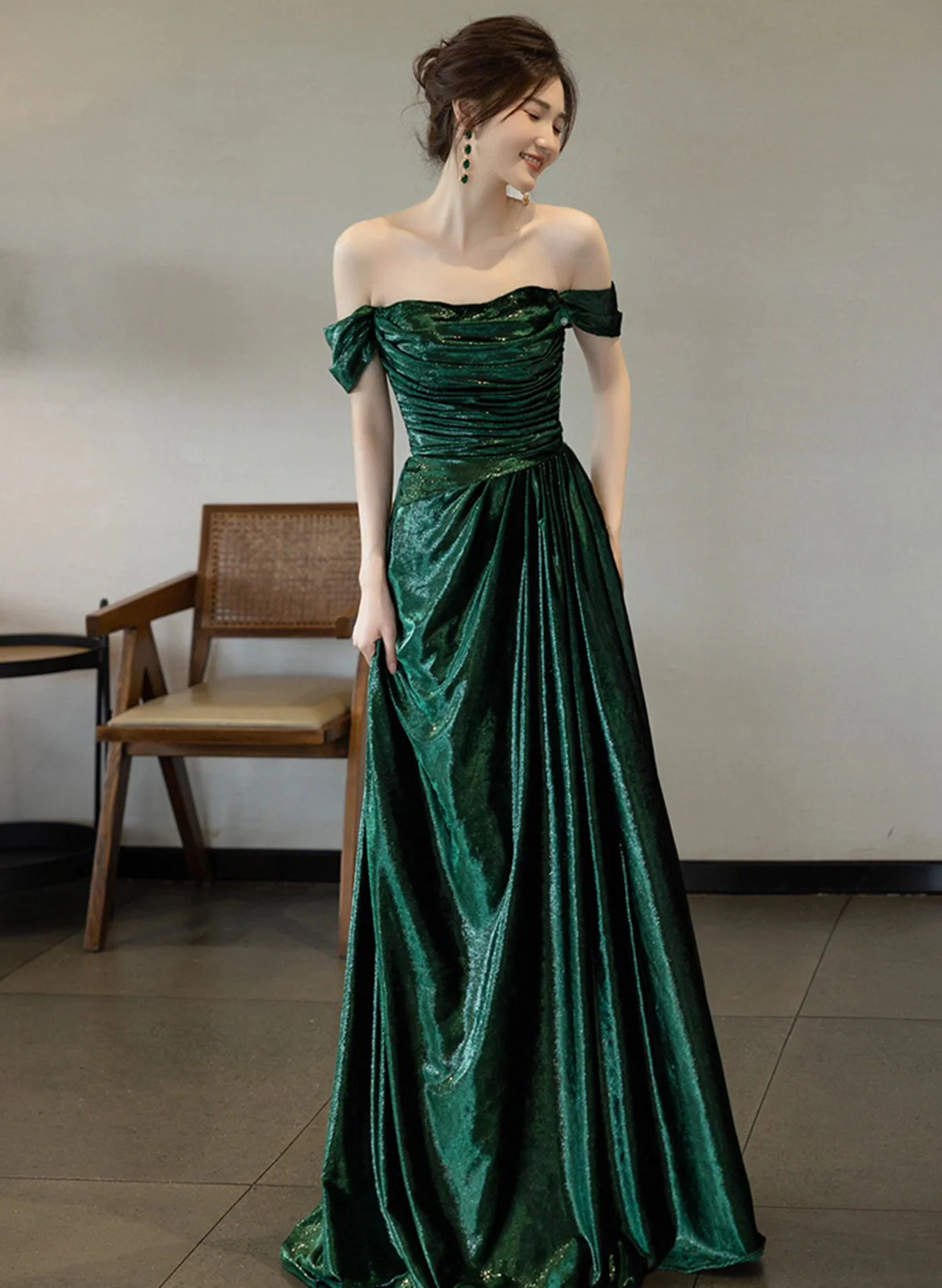 A Line Green Off Shoulder Evening Dress Long Prom Dress J4469