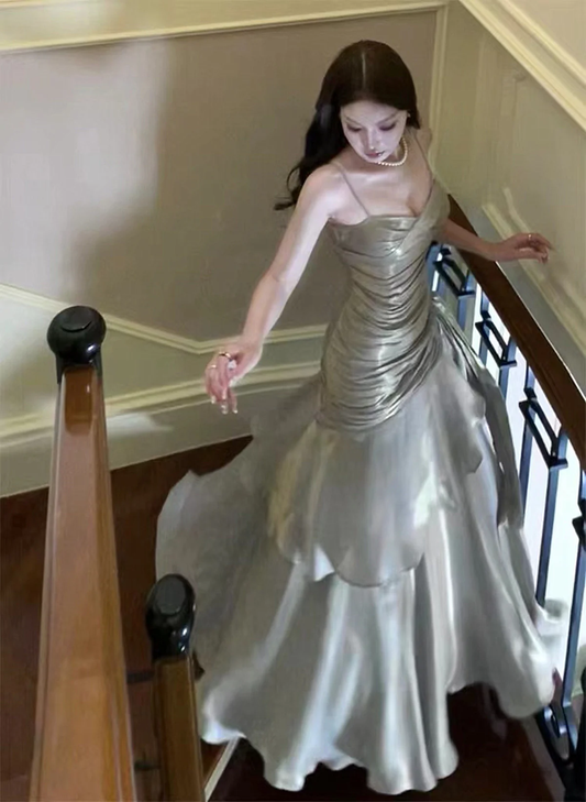 Splittergraues Vintage-Partykleid, langes Abendkleid, Ballkleid J4470