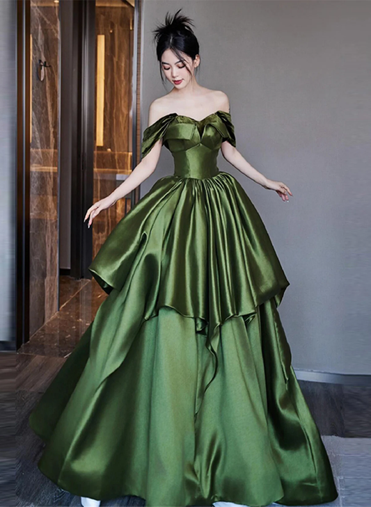 Green Satin Long Formal Dress Off Shoulder Princess Prom Dress J4471