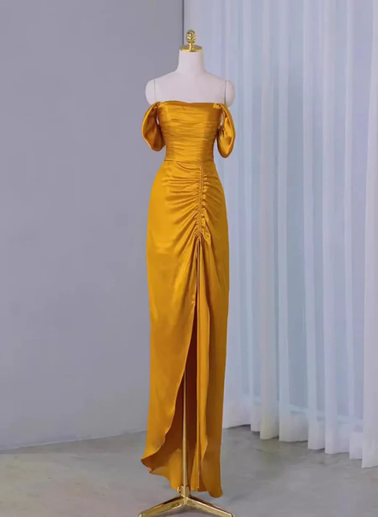 Off The Shoulder Yellow Long Formal Dress Slit Prom Dress J4472