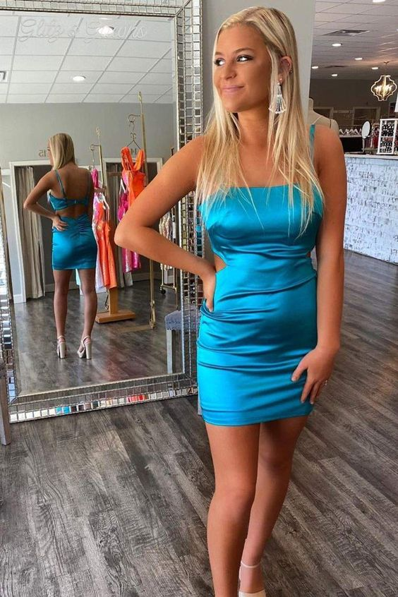 Blue Square Neck Sheath Homecoming Dress Short Prom Dress J4476