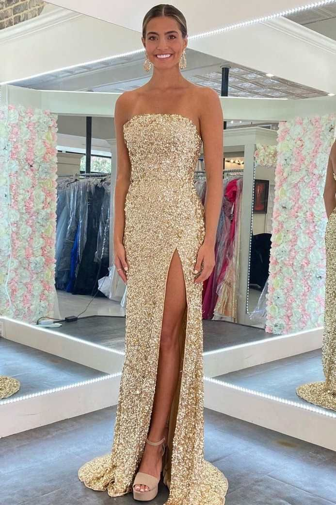 Gold Sequin Strapless Sheath Long Prom Dress With Slit J4482