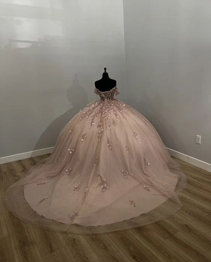 Robe de bal rose clair à appliques J4487