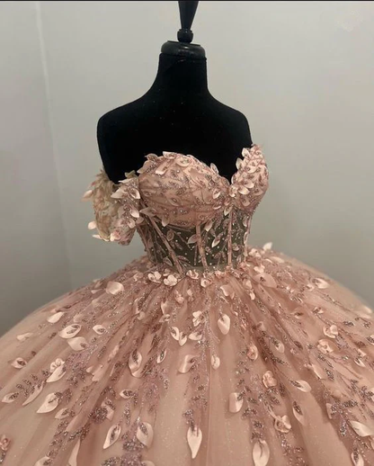 Robe de bal rose clair à appliques J4487