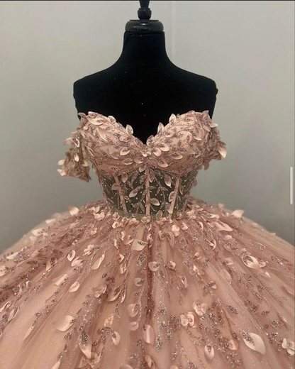 Robe de bal rose clair à appliques J4487