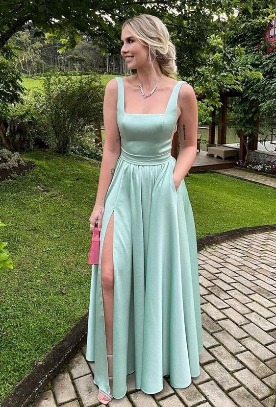 A Line Tiffany Blue Satin Long Prom Dresses Slit Evening Gown J4489 - As photo / US 0 A Line Tiffany Blue Satin Long Prom Dresses Slit Evening Gown J4489 - As photo / US 0