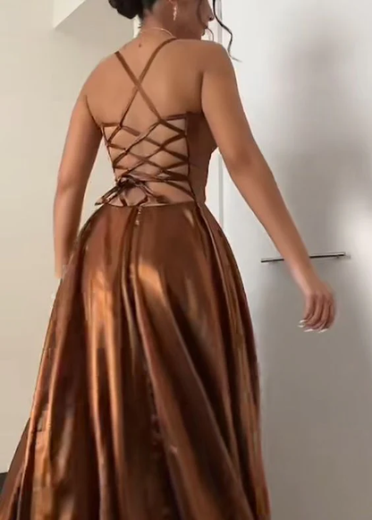 Robe de soirée trapèze longue marron J4492