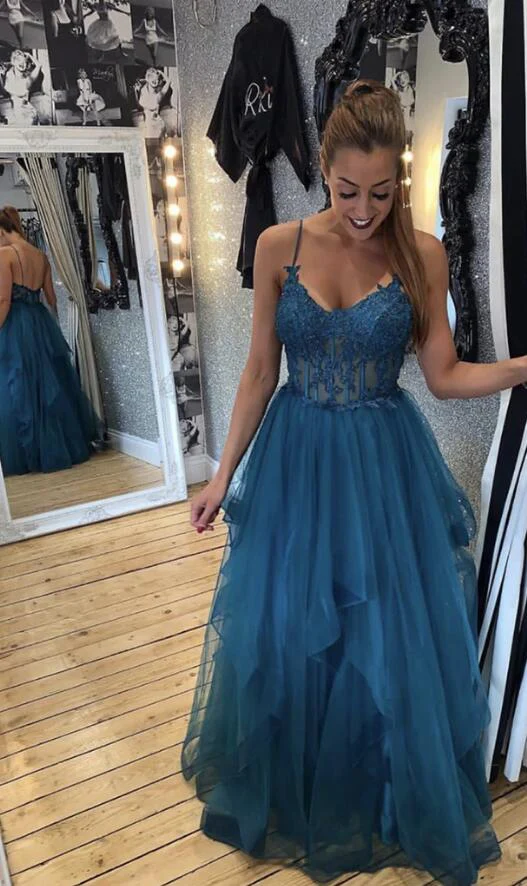 Blue Tulle Lace Long Prom Dress Evening Dress J4493