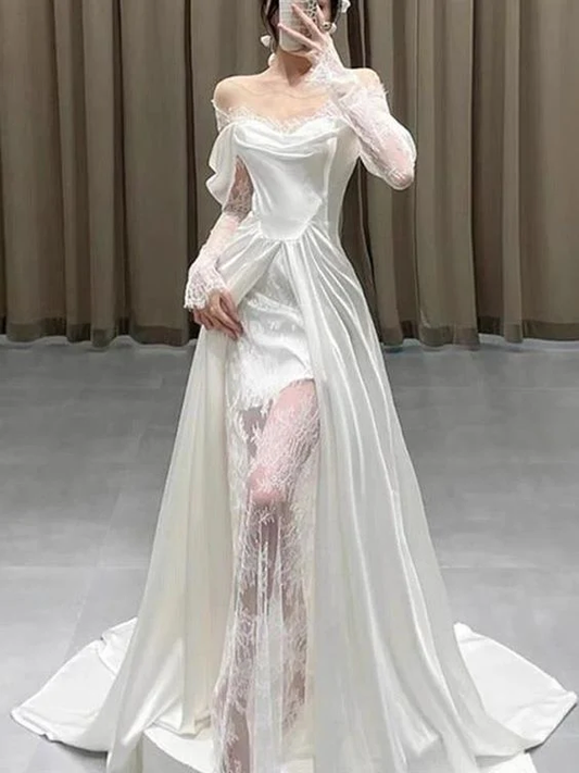 A Line Wedding Dress Long Lace Sleeves Satin Prom Dresses J4499