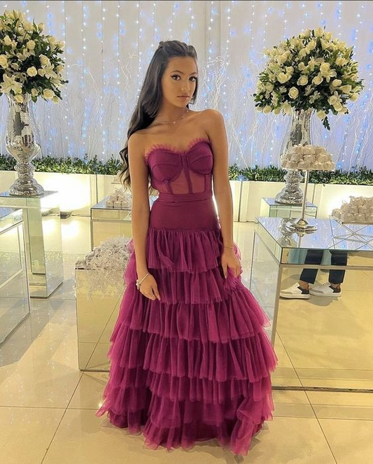 Strapless Long Prom Dress Layered Tulle Evening Gown J4502