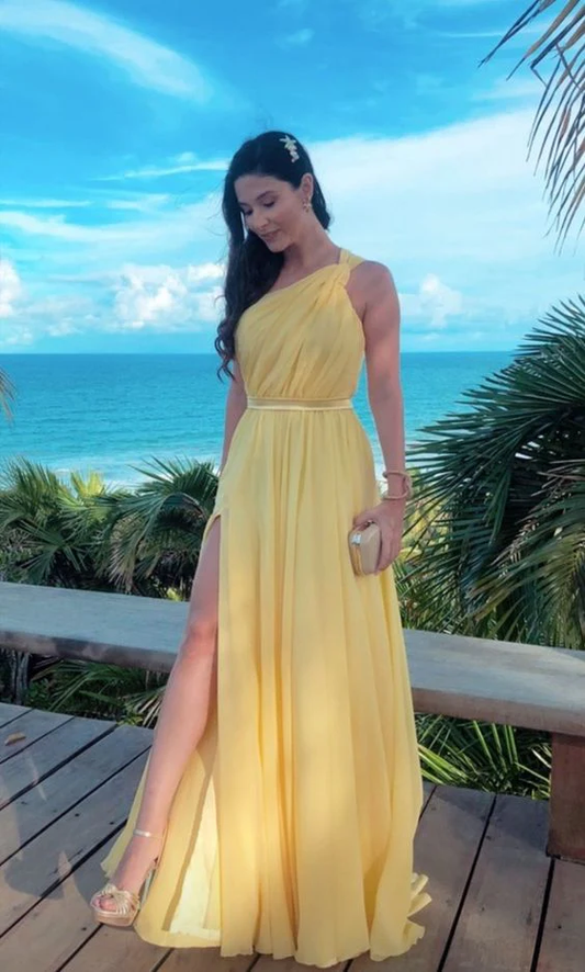 Yellow One Shoulder Long Prom Evening Dresses Sexy Prom Dress J4503