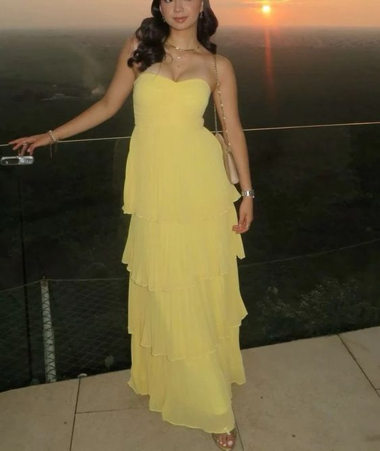 Yellow Long Prom Dresses Layered Evening Formal Dress J4513